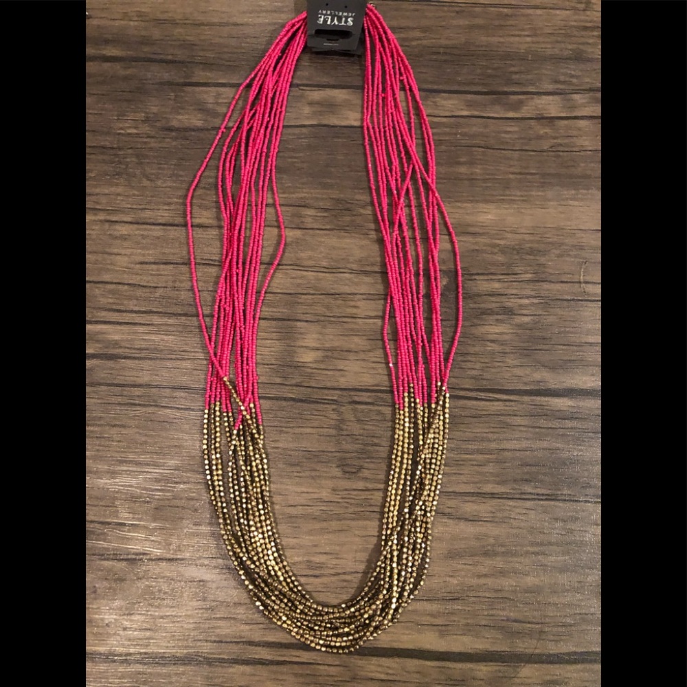 Bright Magenta /Gold Tone Thousand Beads Necklace